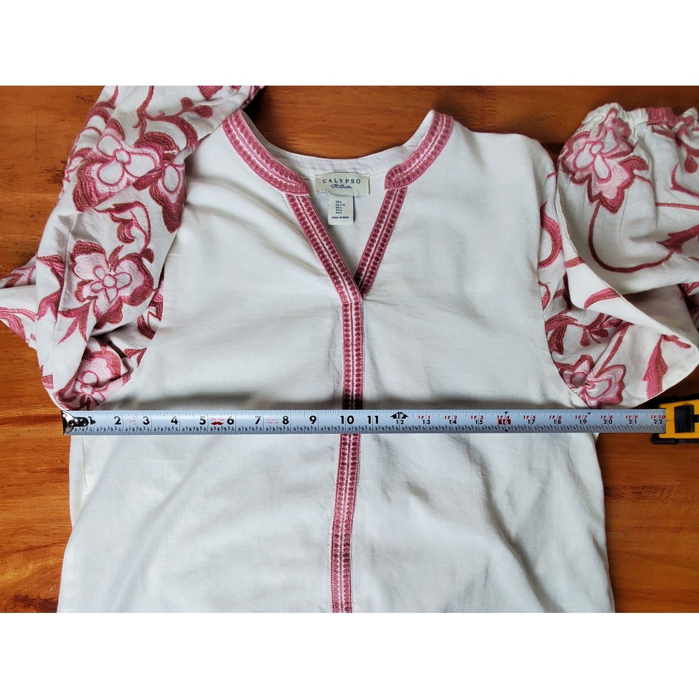 Calypso St Barth  Women's Large Embroidered Balloon Sleeves Pink White‎ Floral - Picture 4 of 10